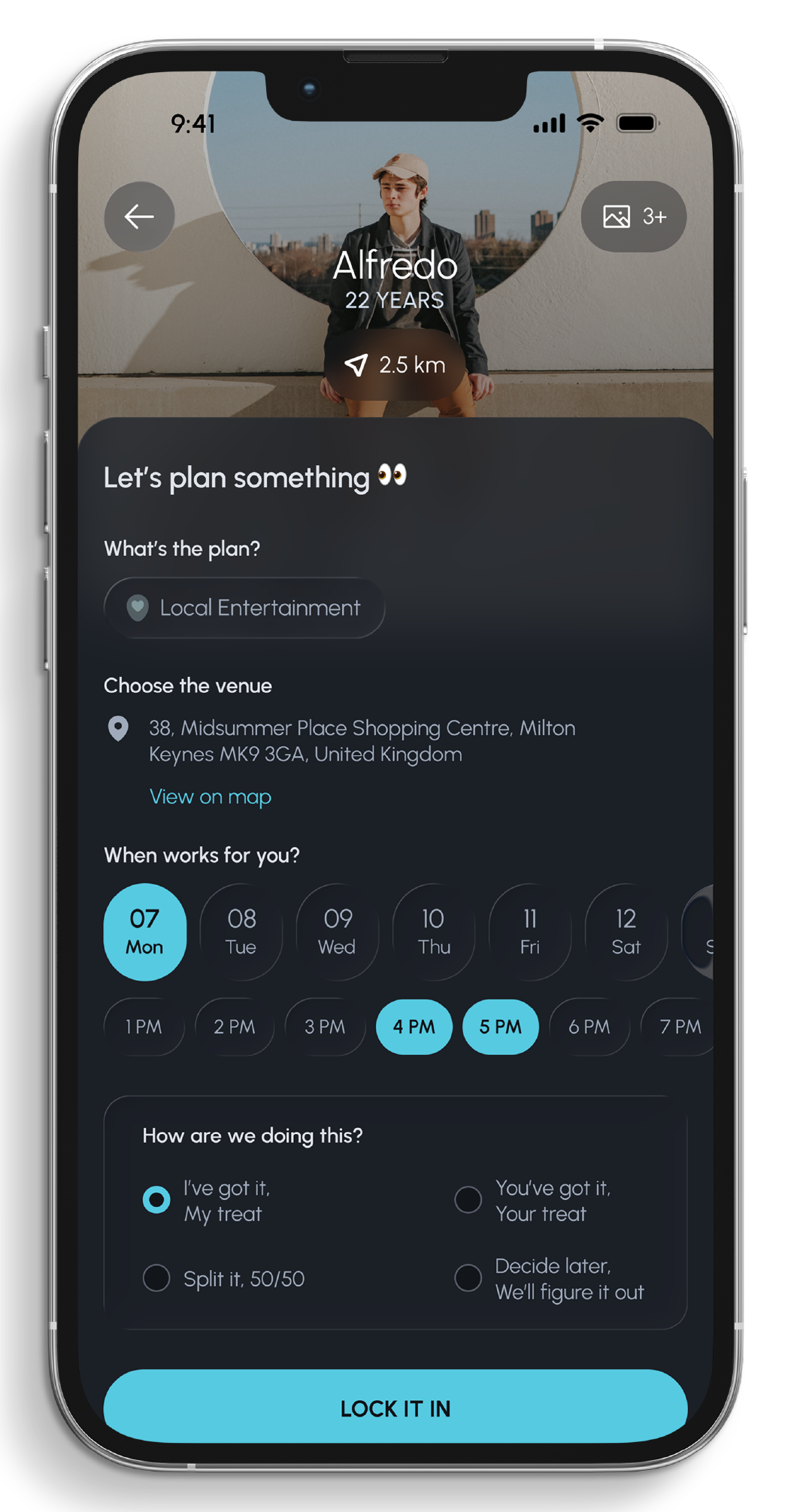 The Spot app plan builder — choose a venue, day and time after you match