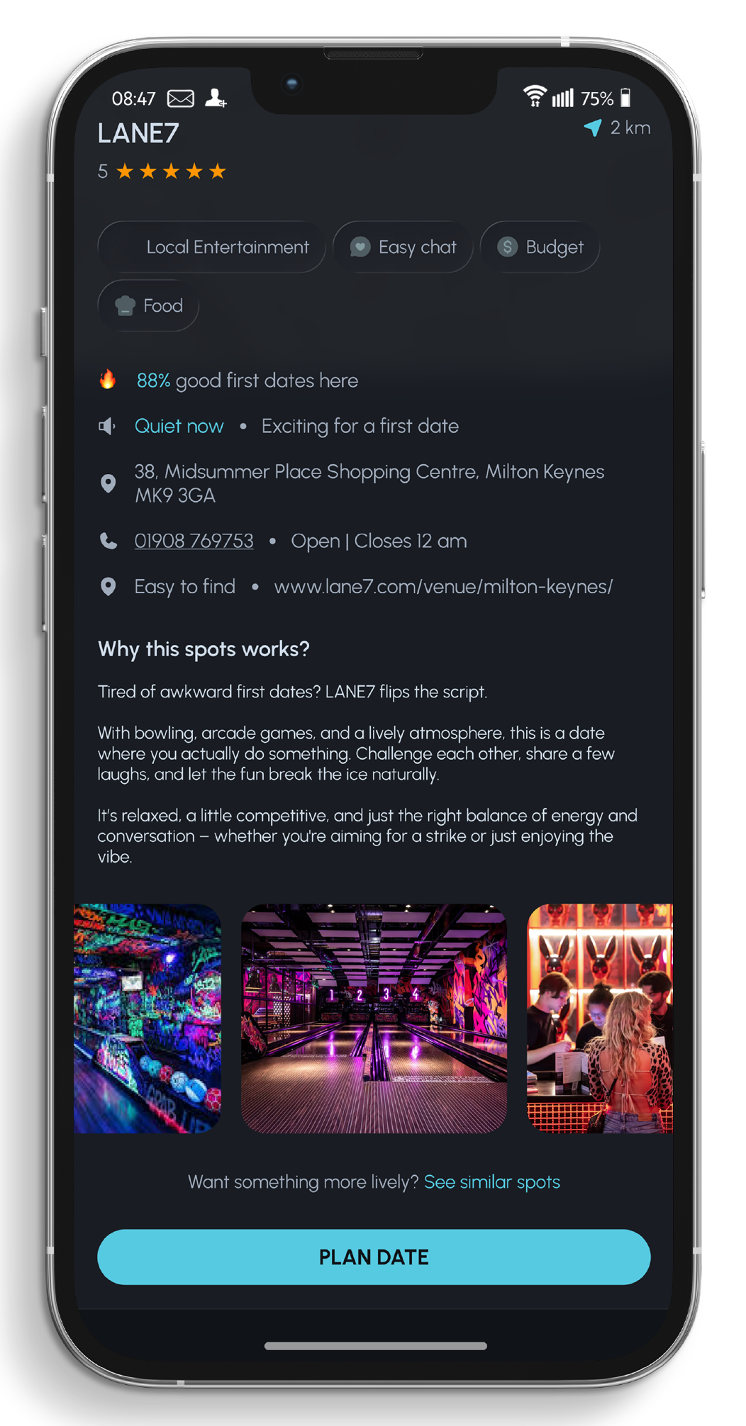 Venue detail screen for LANE7 in Milton Keynes with photos and info