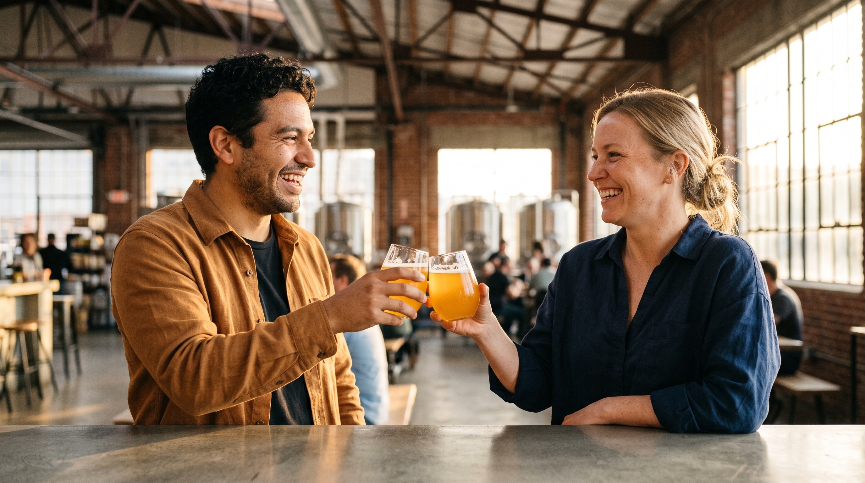 Two people toasting craft beers in an industrial taproom