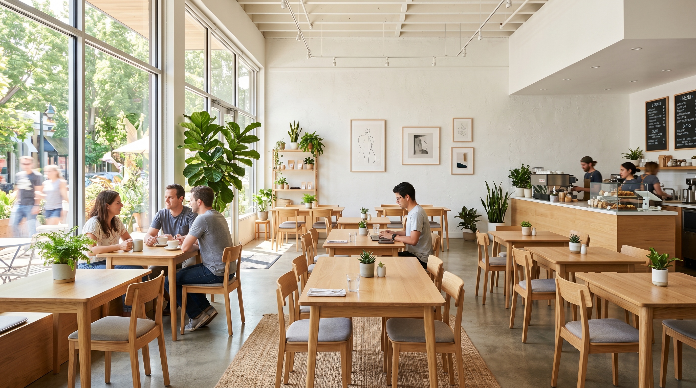 A bright, airy modern cafe with wooden tables and plants