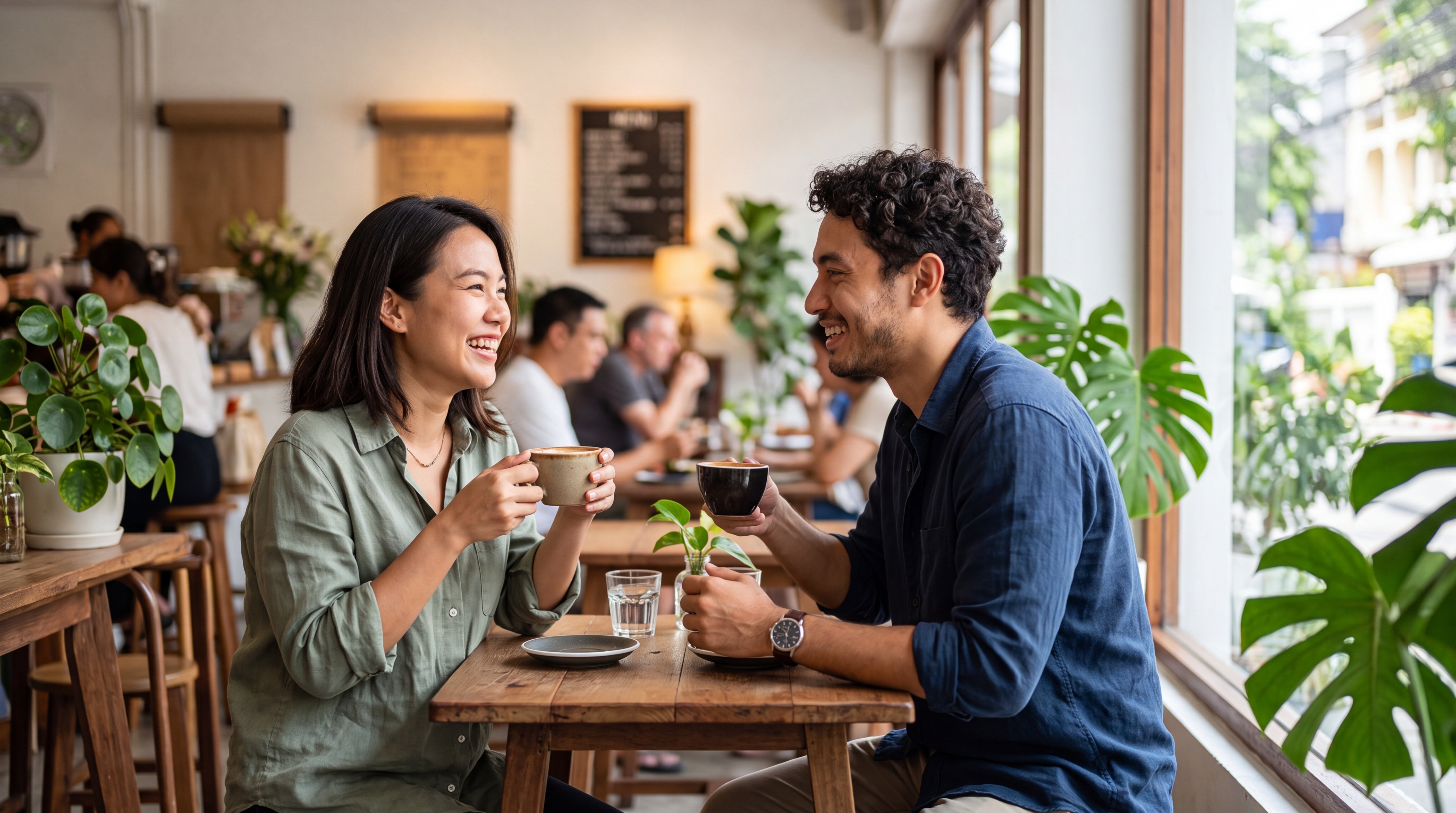 A couple laughing over coffee at a plant-filled independent cafe